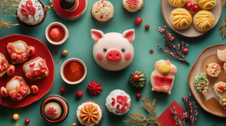 A vibrant and colorful display of festive treats including sweets and pastries, centered around a cute pig design, perfect for celebrating New Year joyfully.の素材