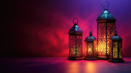 A collection of beautifully designed lanterns emits a warm glow against a vibrant background, creating an inviting and cozy atmosphere perfect for celebrations or decorative displays.の素材