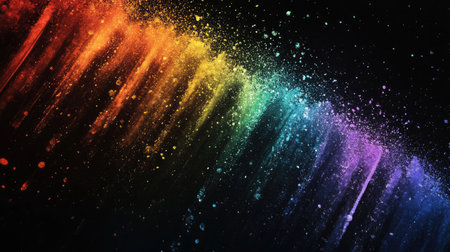 This striking image features a vibrant explosion of colors on a black background, showcasing fine powder particles creating a dynamic and artistic effect.の素材