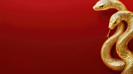 A pair of elegant golden serpents gracefully positioned on a bold red background, creating a striking visual impact perfect for artistic and decorative purposes.の素材