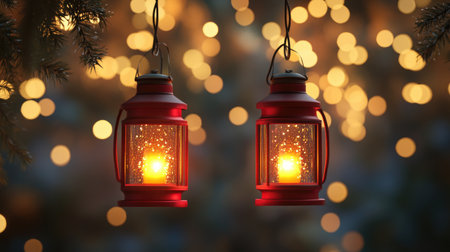 Two vintage lanterns hang against a backdrop of twinkling lights, casting a warm glow. This enchanting scene captures the spirit of festive celebrations and cozy evenings.の素材