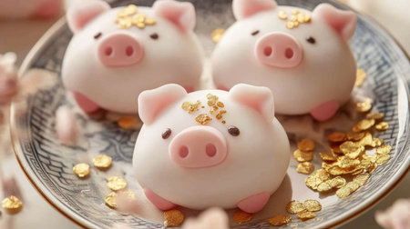 These charming pig-shaped desserts feature delightful designs and shiny gold accents, making them a perfect treat for festive occasions or celebrations.の素材