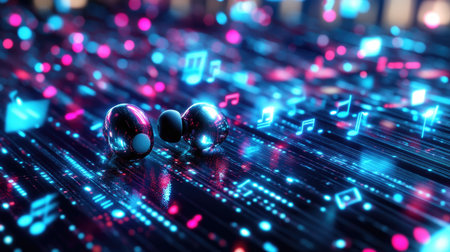 Eye-catching image of futuristic earbuds on a vibrant neon background, infused with music notes and digital elements, perfect for showcasing sound technology.の素材