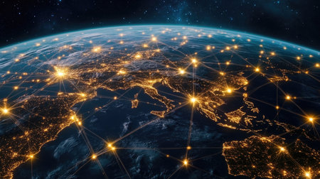 This stunning nighttime view of Earth showcases illuminated cities and connections, highlighting the beauty of global networks and technology from space.の素材