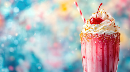 A tempting cherry milkshake topped with whipped cream and a cherry, set against a vibrant, colorful background. Perfect for summer treats.の素材