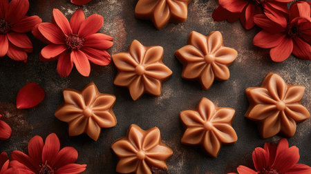 A stunning arrangement of floral-shaped chocolate candies surrounded by vibrant red flowers, creating a beautiful contrast and artistic display for any occasion.の素材