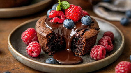 A decadent chocolate cake sits elegantly on a plate, adorned with fresh berries and a rich chocolate sauce. Perfect for dessert lovers.の素材