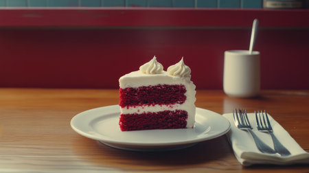 A delectable red velvet cake slice topped with fluffy whipped cream. This mouthwatering dessert is served on a rustic wooden table, perfect for any occasion.の素材