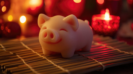 This charming smiling pig figure rests on a bamboo mat, illuminated by warm candlelight. Its playful design adds a joyful touch to any cozy setting.の素材