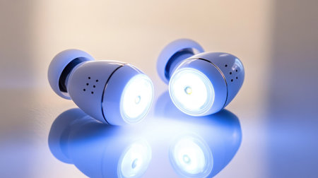 A pair of modern wireless earbuds featuring a sleek design with a blue light reflection. Perfect for music lovers seeking quality sound and convenience.の素材