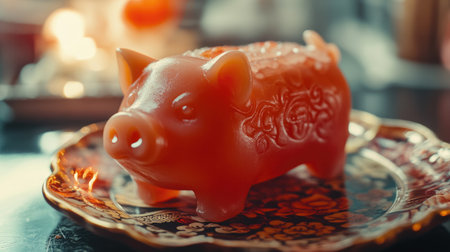 A charming decorative orange pig figurine sits on a beautifully designed plate, showcasing intricate details and vibrant colors. Perfect for festive occasions.の素材