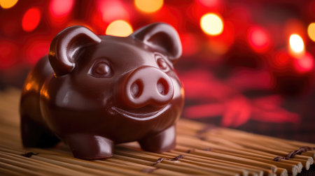 This delightful chocolate pig figurine showcases an adorable design, perfect for festive celebrations. The vibrant background adds charm and warmth to any setting.の素材