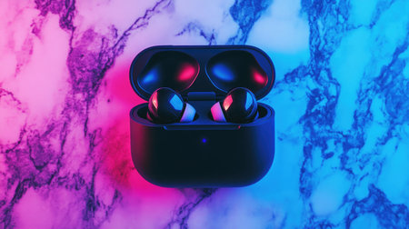 Explore modern wireless earbuds with a sleek charging case, set against a vibrant and colorful background. Perfect for music lovers and tech enthusiasts.の素材