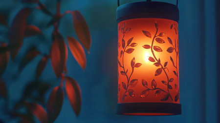 A beautiful lantern featuring an intricate leaf design emits a warm glow, creating a cozy ambiance in any indoor space. Perfect for relaxation and decoration.の素材