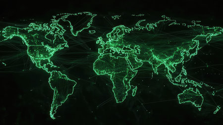 This image features an abstract digital representation of a world map, highlighting network connections in vibrant green against a dark background, symbolizing global connectivity and technology.の素材