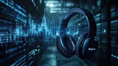 A striking image of black headphones set against a digital backdrop, featuring sound waves that symbolize a vibrant music environment. Ideal for illustrating audio technology concepts.の素材