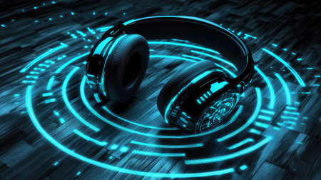 This image features a pair of futuristic headphones glowing with blue light effects against a dark wooden surface, symbolizing modern audio technology and immersive listening experiences.の素材