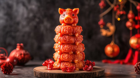 A vibrant decorative pig statue stands tall on a wooden base, symbolizing joy and abundance for festive celebrations. The bright colors and intricate details enhance any festive setting.の素材