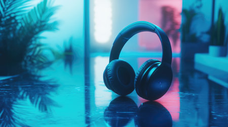 A stylish pair of black headphones rests on a reflective surface with vibrant neon lighting. Perfect for music lovers and tech enthusiasts, this image embodies modern audio equipment.の素材