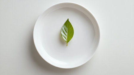 Minimalist composition featuring a fresh green leaf placed on a white plate. This image emphasizes simplicity, nature, and organic beauty, perfect for culinary or decor themes.の素材