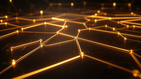 An abstract representation of a golden light network with dynamic lines and nodes. This visually striking image captures innovation and technology in a captivating manner.の素材