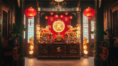 Explore a stunning temple interior featuring decorative lanterns, vibrant colors, and intricate altarpieces symbolizing tradition and spirituality in Asian culture.の素材