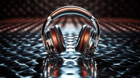 A stunning pair of glossy headphones showcased on a textured surface, reflecting light beautifully. Ideal for music enthusiasts and technology lovers.の素材