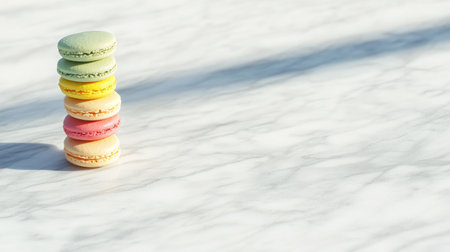 A stunning display of colorful macarons stacked gracefully on a marble surface, perfect for showcasing pastry artistry and culinary delight in any setting.の素材