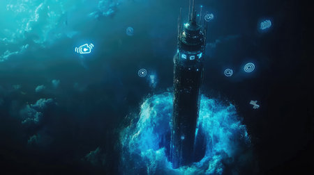 Surreal digital artwork featuring a towering structure surrounded by vibrant waves. The scene captures a futuristic aesthetic with glowing icons and a mystical atmosphere.の素材