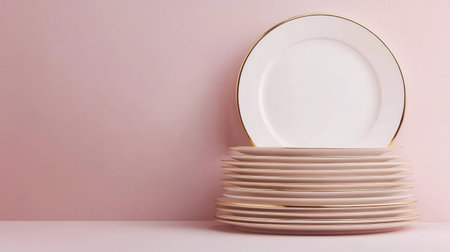 A charming arrangement of elegant stacked plates featuring gold trim against a soft pink background, perfect for showcasing refined dining aesthetics and minimalistic design.の素材