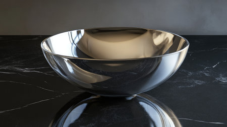 A shiny stainless steel bowl placed on a dark marble surface, showcasing its elegant design and reflective quality, ideal for kitchen and dining settings.の素材