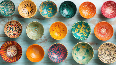 A vibrant collection of decorative bowls featuring intricate designs arranged on a rustic wood background. Ideal for showcasing art.の素材
