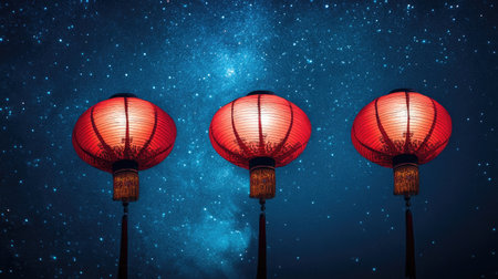 This stunning image showcases three glowing red lanterns set against a mesmerizing starry night sky, creating a captivating atmosphere ideal for festive themes.の素材