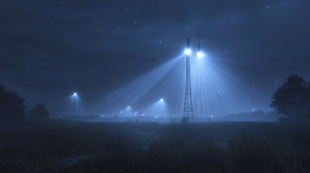 A serene nighttime landscape showcasing a tower emitting dramatic light beams through fog. The atmospheric scene captures a calm and mysterious rural environment under a starry sky.の素材