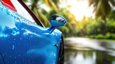 A vibrant blue sports car glistens with raindrops, parked amidst a lush tropical landscape. The soft sunlight filters through the greenery, creating a serene atmosphere.の素材
