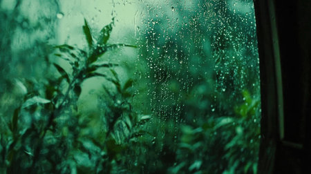 A serene scene featuring raindrops on a window with lush greenery in the background. This image captures the beauty of nature and evokes a tranquil atmosphere.の素材