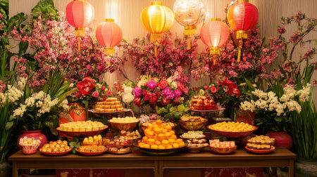 A stunning display of traditional Asian festival treats and decorations, featuring vibrant flowers, colorful sweets, and warm lanterns, creating a festive ambiance.の素材