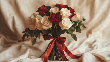 A stunning bouquet featuring red and white roses tied with a satin ribbon. This elegant floral arrangement embodies love and beauty, perfect for any occasion.の素材