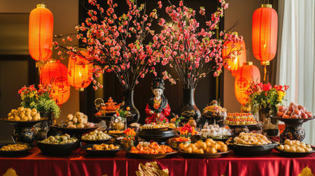 Celebrate a vibrant Lunar New Year with a stunning display of decorations, traditional food offerings, and beautiful flowers, capturing the essence of joy and unity.の素材
