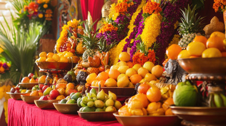 A vibrant display of fresh fruits and bright flowers celebrates cultural traditions at a lively festival, showcasing the beauty and abundance of nature's harvest.の素材