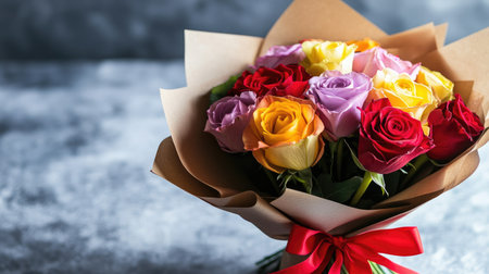 A vibrant bouquet of fresh roses in multiple colors, elegantly wrapped in craft paper with a decorative ribbon. Perfect for gifting or decoration.の素材