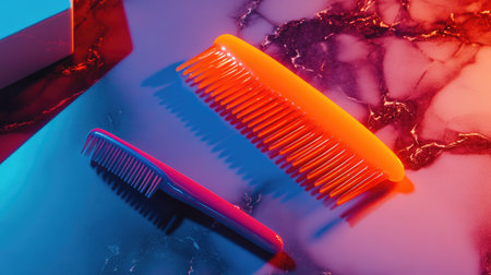 Two colorful hair combs rest on a glossy marble surface, illuminated by dramatic lighting. The orange and purple combs create a striking visual contrast, ideal for beauty and styling themes.の素材
