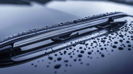 A close-up view of raindrops on a sleek car hood, showcasing the sophisticated design features and glossy surface. Ideal for automotive or nature themes.の素材