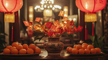 A stunning display of vibrant oranges and red lanterns creates an inviting atmosphere, perfect for celebrating traditional festivals and cultural gatherings.の素材