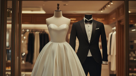 A stunning wedding dress paired with a classic tuxedo highlights the elegance of bridal fashion. This stylish display embodies sophistication and modern romance.の素材