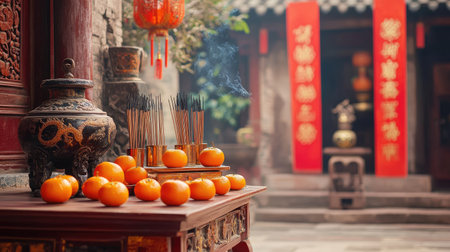 A serene Chinese altar adorned with vibrant oranges and burning incense, reflecting rich cultural traditions and spiritual essence in a temple setting.の素材