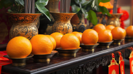 A beautiful arrangement of oranges displayed in ornate bowls, symbolizing prosperity and good fortune in cultural ceremonies, surrounded by lush greenery and decor.の素材