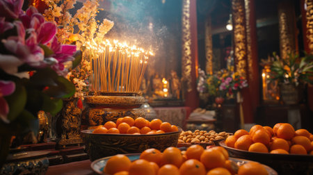 A vibrant display of orange fruits and colorful flowers at a shrine, surrounded by glowing incense sticks, reflecting tradition and spirituality in a serene setting.の素材