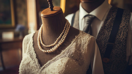 This captivating image showcases an elegant wedding dress paired with a beautiful pearl necklace on a mannequin. The luxurious details exude sophistication and romance, perfect for bridal inspirations.の素材