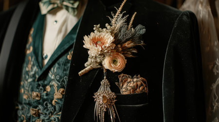 This stunning groom attire features a beautifully crafted floral boutonniere, adding elegance and charm, perfect for a wedding or formal event.の素材